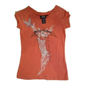 Harley Davidson Women Cap Puff Sleeve T Shirt Light Orange Glitter Size Small